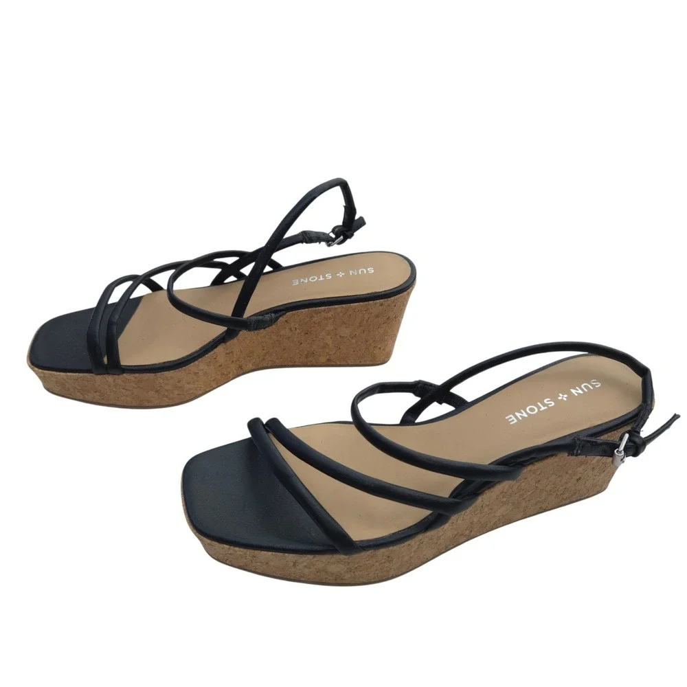 Sun + Stone Bellah Sandals Women Size 9 Black Strappy Cork Platform Wedge Summer